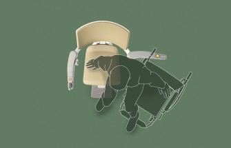 Overhead shot of a stairlift on green background. It shows a person sitting on the stairlift, highlighting the seating.